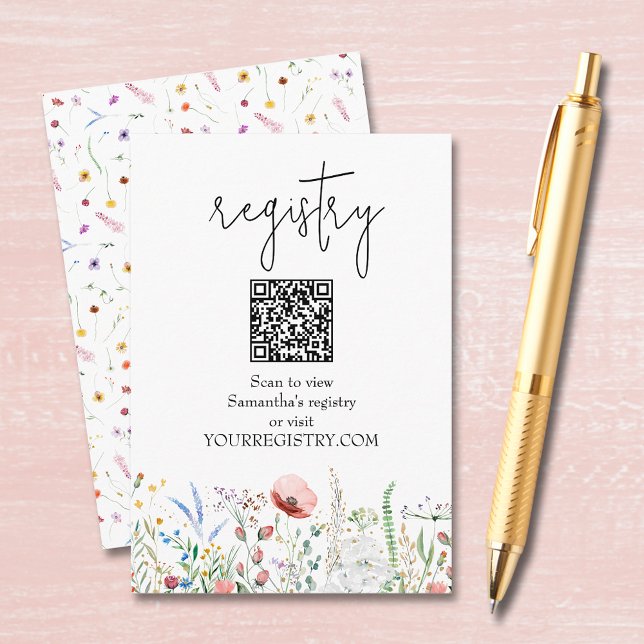 Bröllopsduschpresentregistrering för vilda blommor tilläggskort (Wildflower bridal shower QR code registry enclosure cards, default size 3.5" x 5")