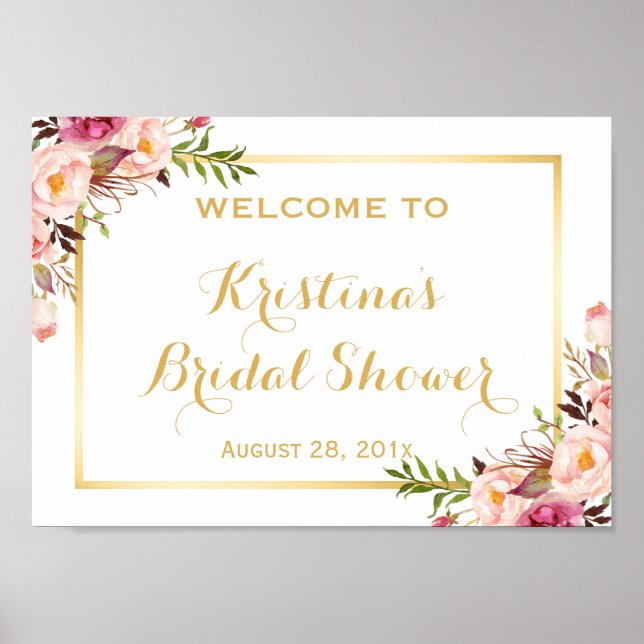 Bröllopsduschskylt Elegant Chic Blommig Guld Ram Poster (Framsidan)