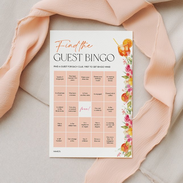 Bröllopsduschspel Gästbingo Citrus Spritz (Find the Guest Bingo | Love at first Spritz | Citrus Bridal Shower Game )