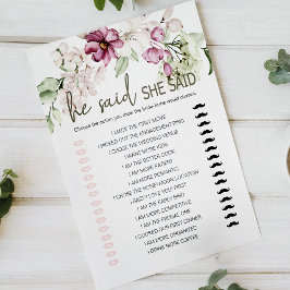 Bröllopsduschspel Han sa hon sa Pionblommor Rosa