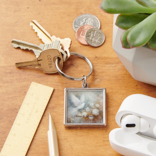 Bröllopsduva Blommig Nyckelring - Anpassningsbar (Skrivbord)