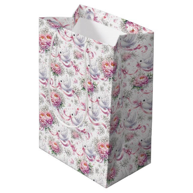 Bröllopsduvor med rosa peonior och band (Baksidan Vinklad)