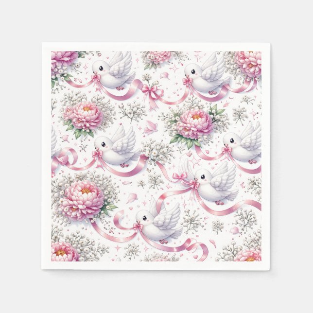 Bröllopsduvor med rosa peonior och band pappersservett (Framsidan)