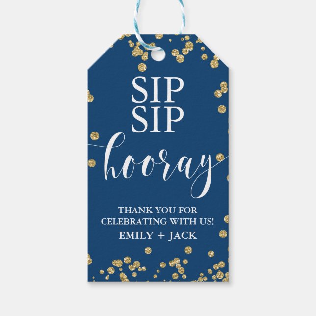 BröllopsfavoritMärkre, sip sip Hooray Navy & Guld Presentetikett (Framsidan)