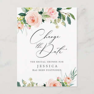 Bröllopsfest ändra datum Blush rosa blommor Vykort