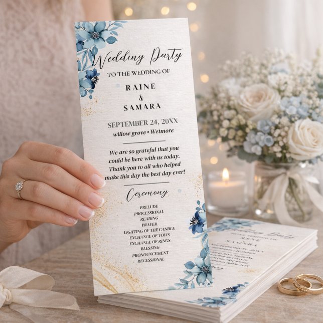 Bröllopsfest av Blue & White Rustic Blommigt Program (Blue & White Rustic Floral Wedding Party Program)