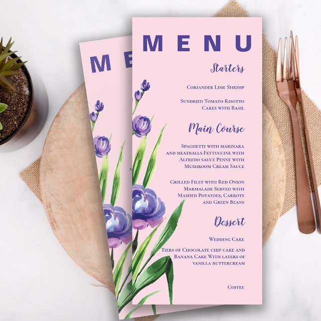 Bröllopsfest av  Rosa Söt Blue Blommigt Meny (Blush Pink Pretty Blue Floral Wedding Party Menu)