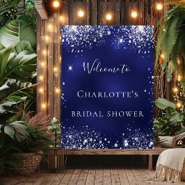 Bröllopsfest blå silver glitter glans välkommen poster