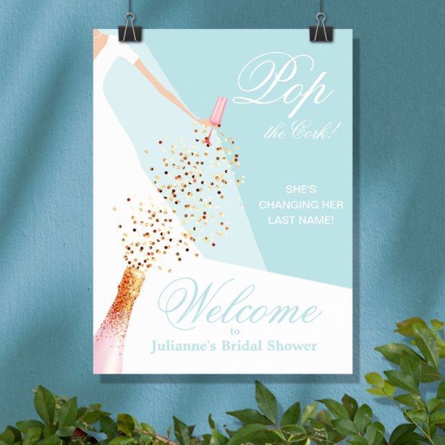 Bröllopsfest blå välkomstskylt poster (Sky blue bridal shower Welcome poster, PRINTED and/or INSTANT DOWNLOAD, features bride in her gown)