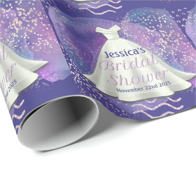 Bröllopsfest Bröllopsklänning Lila & Roséguld Glam Presentpapper (Rullad Hörn)