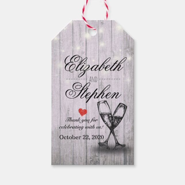 Bröllopsfest champagneglas träljussträngar presentetikett (Framsidan)