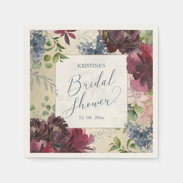 Bröllopsfest Chic Marsala Blommig Akvarell Guld  Pappersservett (Framsidan)