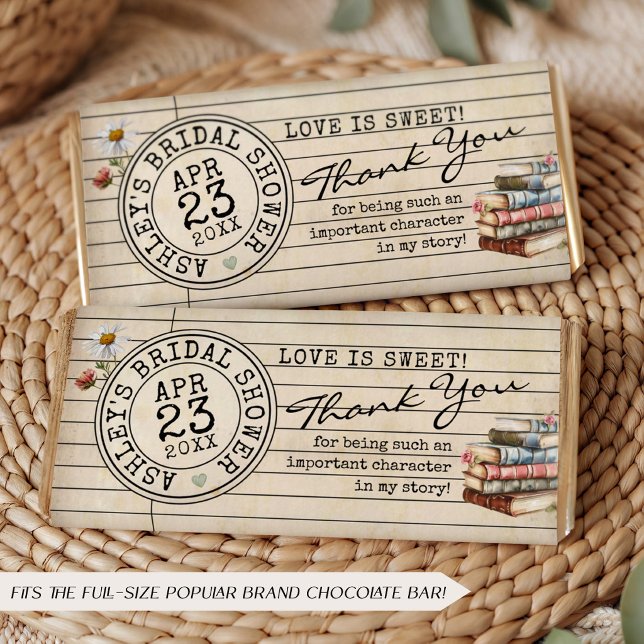 Bröllopsfest Choklad Bar Förpackning Presentpapper (Love is sweet vintage watercolor library card books DIY bridal shower chocolate bar favor wrapper)