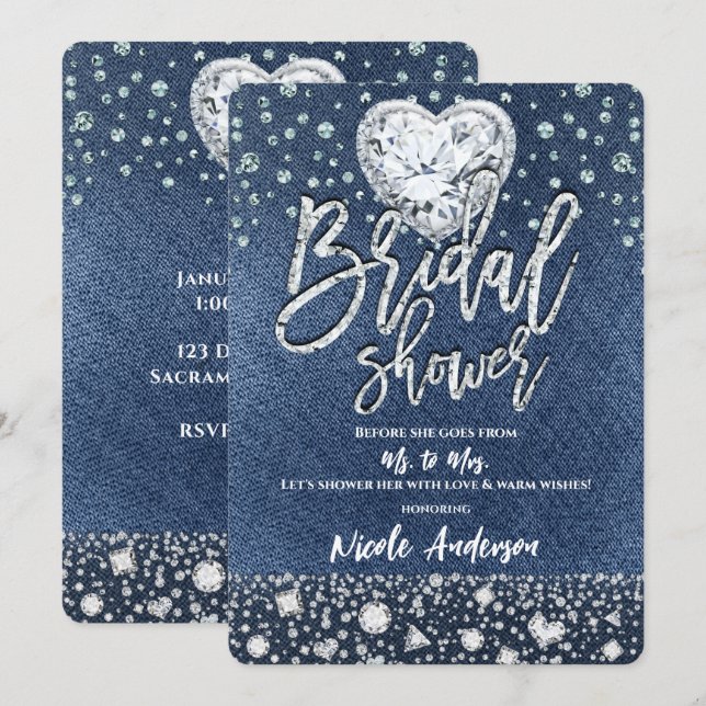 Bröllopsfest Denim & Bling Diamanter Hjärta Inbjudningar (Fram/baksida)