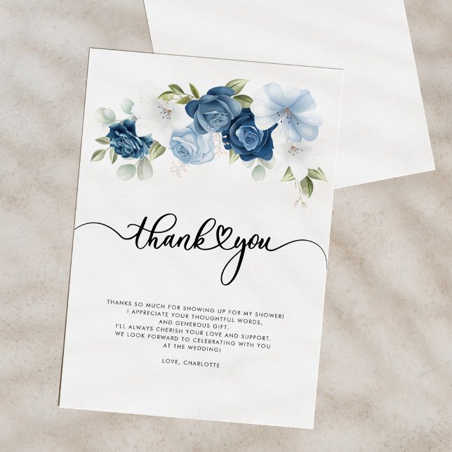 Bröllopsfest Dusty Blue Blommig Tack Kort (Dusty Blue Floral Script Bridal Shower Thank You Card)