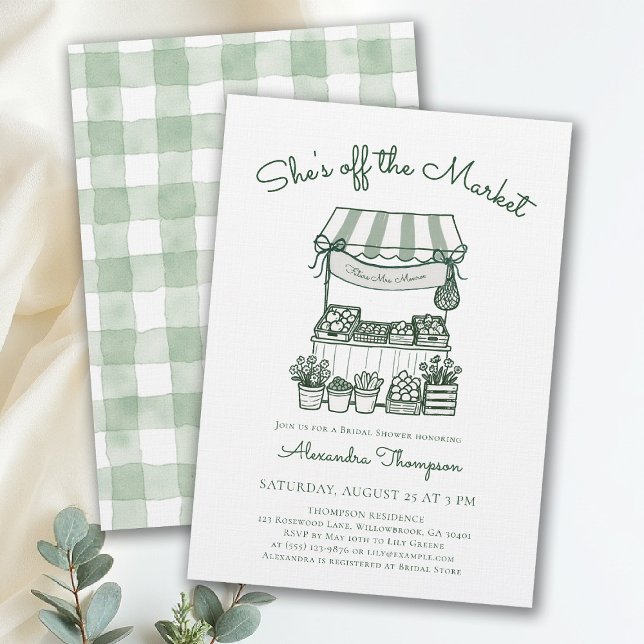 Bröllopsfest för blivande brud i modern grön stil  inbjudningar (off the market bridal shower invitation green sage farmers stand hand drawn modern elegant chic)