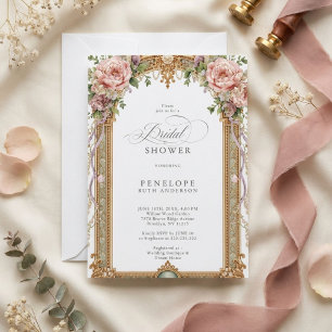 Bröllopsfest för blush-pion och guldblommor inbjudningar