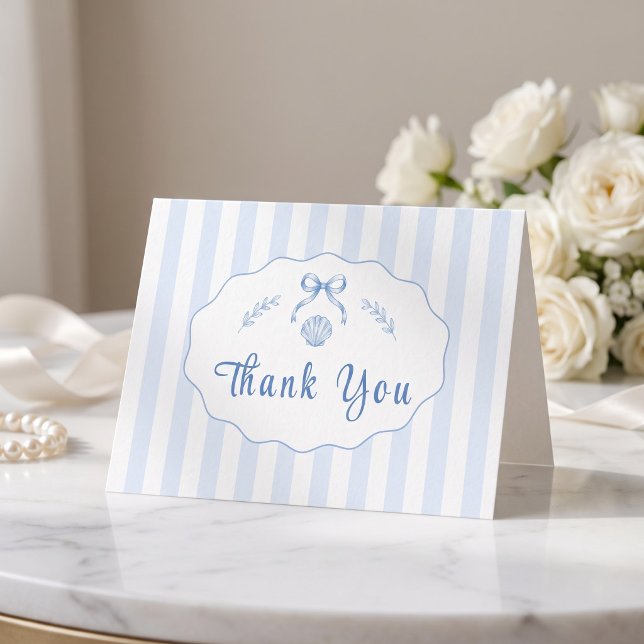 Bröllopsfest för brud med snigelskal Blårandig sli Tack Kort (Seashell Bridal Shower Blue Striped Bow Thank You Card)