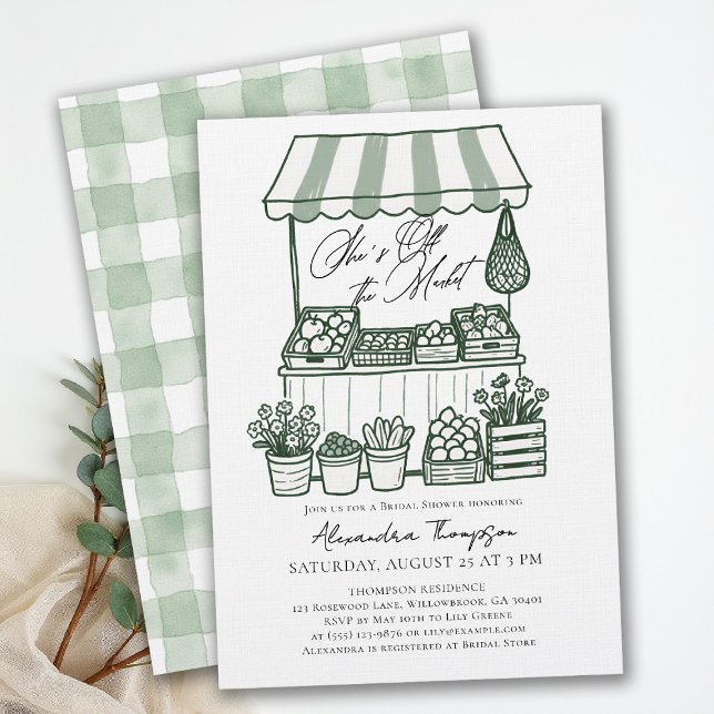 Bröllopsfest för brud utanför marknadsstånd kallig inbjudningar (off the market bridal shower invitation farmers stand hand drawn modern elegant bold calligraphy)