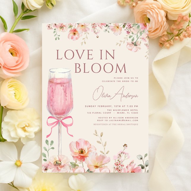 Bröllopsfest för Rosa Bow Love in Bloom Champagne Inbjudningar (Skapare uppladdad)