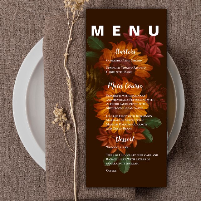 Bröllopsfest för söt av Blommigt för  av rostfri b Meny (Pretty Rustic Burnt Orange Floral Wedding Party Menu)