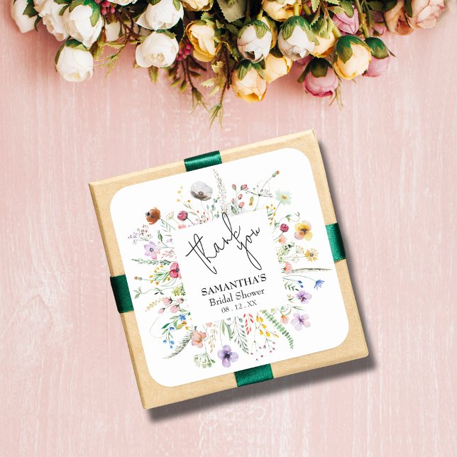 Bröllopsfest för vildblommor fyrkantigt klistermärke (Wildflowers bridal shower 3" square stickers (1-1/2" available, too))