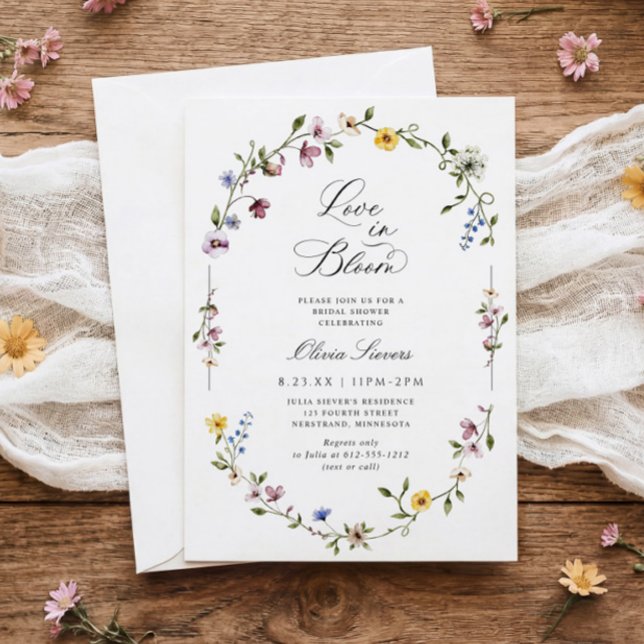 Bröllopsfest för vildblommor i blom - Bröllopsfest Inbjudningar (Love in Bloom wildflower bridal shower invitations - elegant vintage watercolor floral frame.)