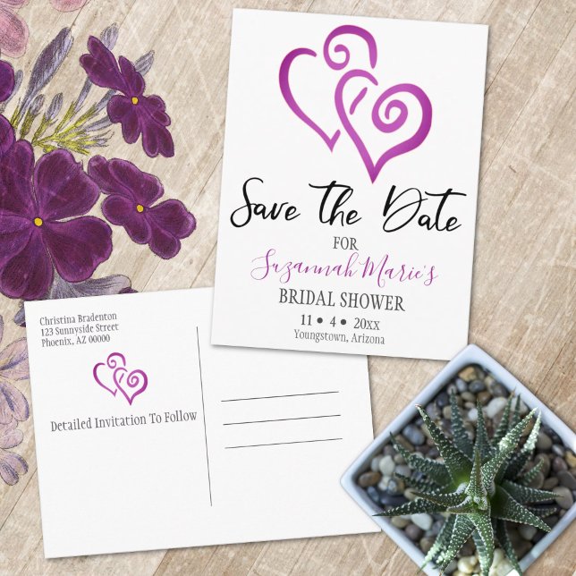 Bröllopsfest Förhandsinbjudan Magenta Länkade Hjär Meddelande Vykort (Purple linked heart bridal shower template postcard.)