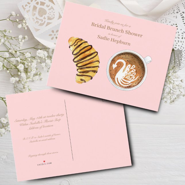 Bröllopsfest Frukostservering Vattenfärg Latte &   Inbjudan Vykort (Chic Brunch Invitation: Hand-painted, budget-friendly invite for a romantic bridal shower.)