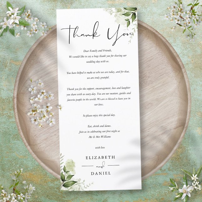 Bröllopsfest Gratulationsplatskort med Grönska Meny (Greenery Wedding Reception Thank You Place Card)