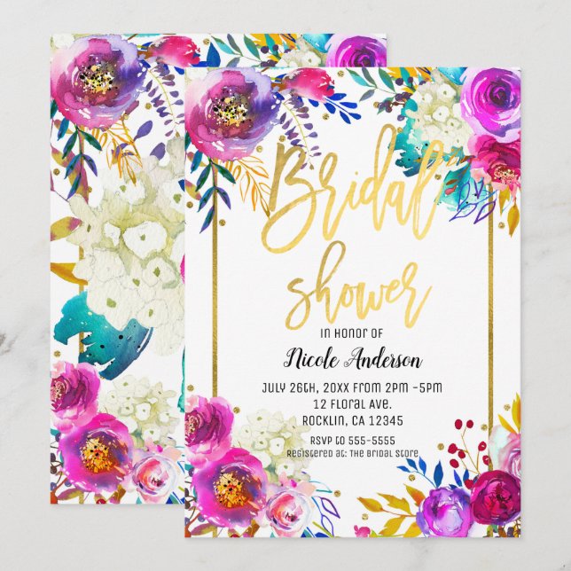 Bröllopsfest guldmanus fet vattenfärg blommig inbjudningar (Fram/baksida)