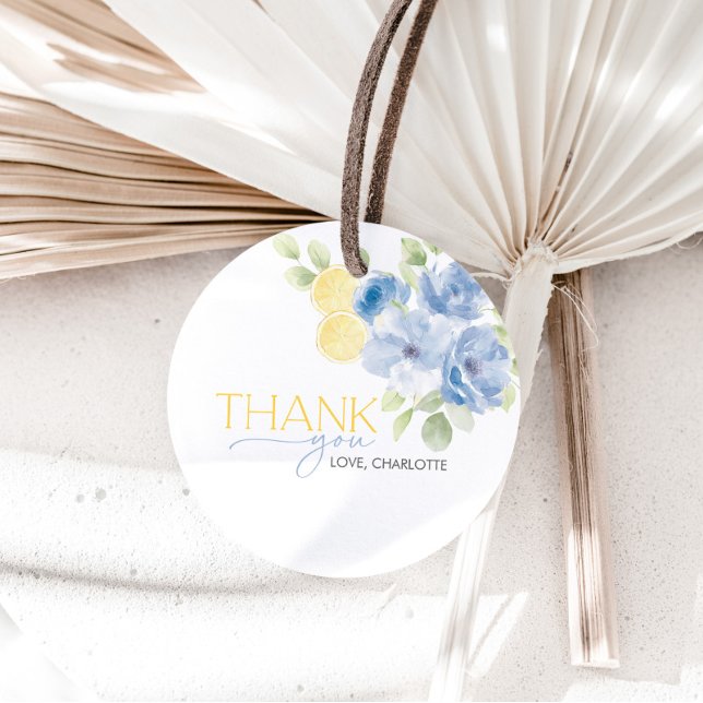 Bröllopsfest huvud squeeze blå gul förmån gåvor etiketter (She found her main squeeze! Blue floral citrus Bridal Shower Favor Tags)