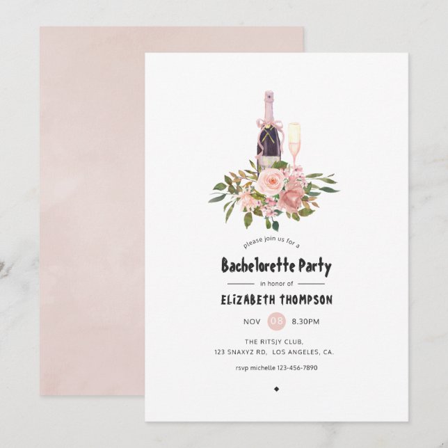 Bröllopsfest i rosa och roséguld med blommor inbjudningar (Fram/baksida)