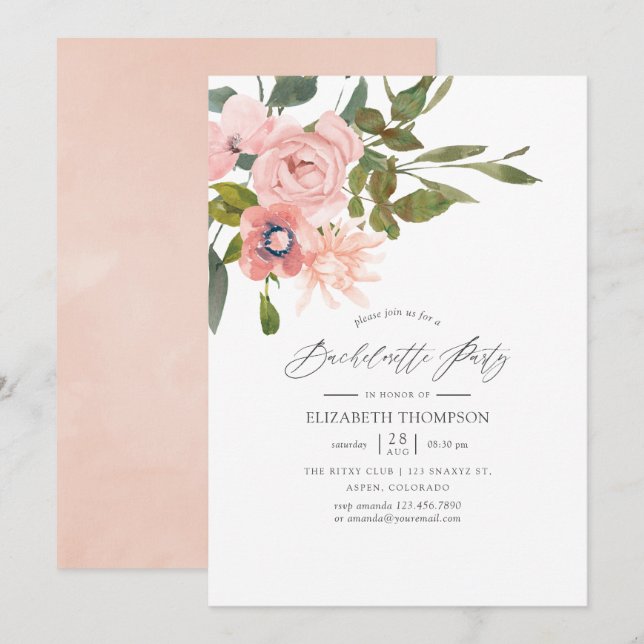Bröllopsfest i rosa och roséguld med blommor inbjudningar (Fram/baksida)