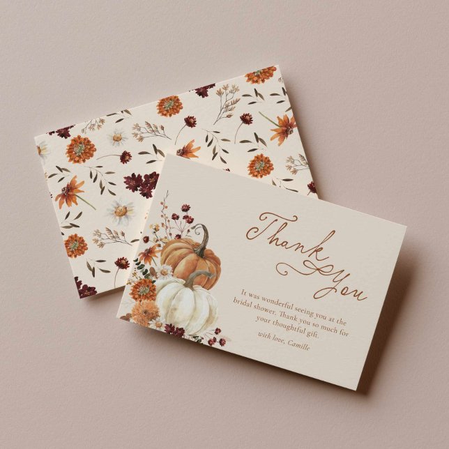 Bröllopsfest i rustik höststil tack kort (Rustic Pumpkin Floral Fall in Love Bridal Shower Thank you card)