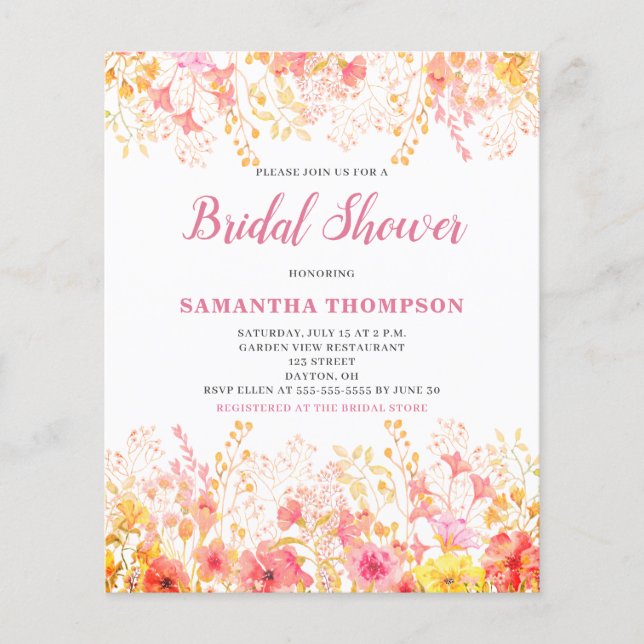 Bröllopsfest-inbjudan med rosa blommor på budget flygblad (Framsidan)