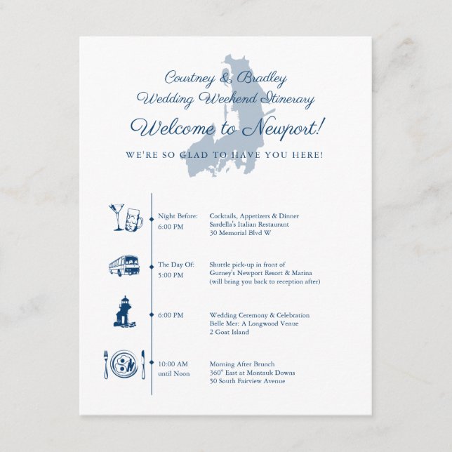 Bröllopsfest Itinerary Timeline Newport RI Tilläggskort (Framsida)