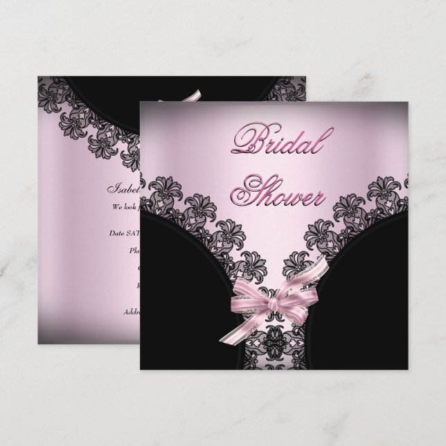 Bröllopsfest Ljusa Rosa Svart Spets Inbjudningar (Fram/baksida)