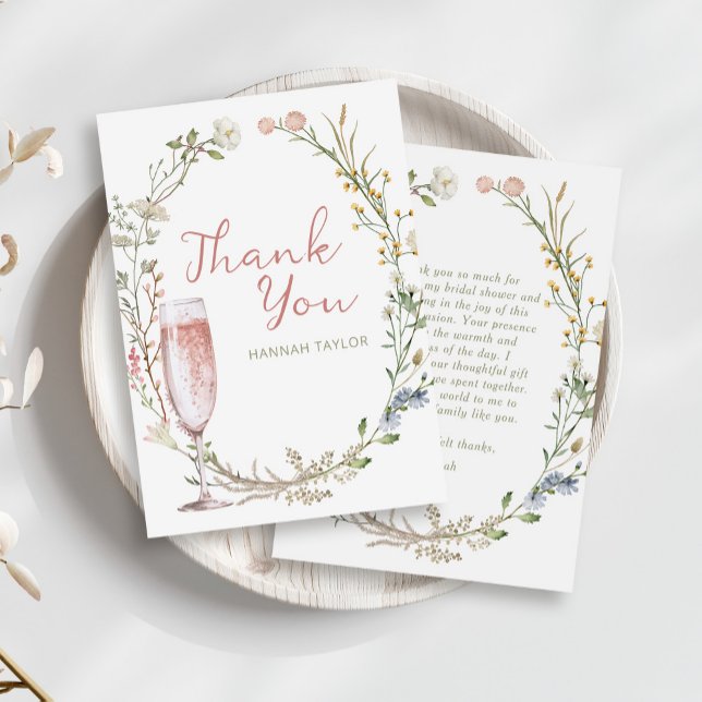 Bröllopsfest med blommor och Prosecco Tack Kort (petals and prosecco bridal shower thank you card)