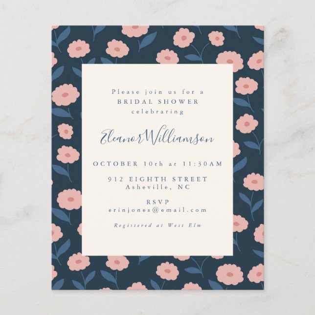 Bröllopsfest med Budget Boho Navy Blommor Inbjudan (Framsida)