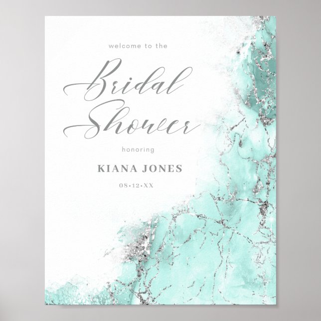 Bröllopsfest med glitter i marmor, teal silver ID6 Poster (Framsidan)
