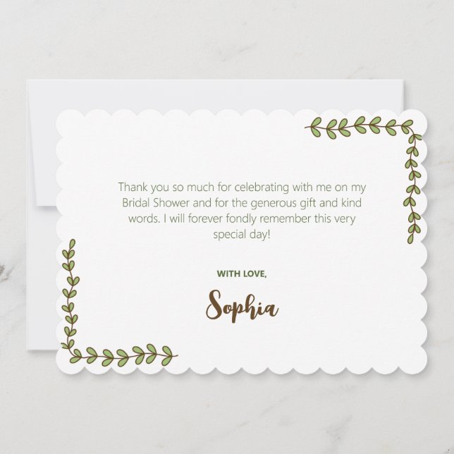 Bröllopsfest med gröna blad och rosa blommor tack kort (Baksida)