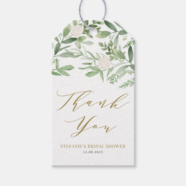 Bröllopsfest med grönska och vita blommor i guld presentetikett (Framsidan)