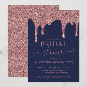 Bröllopsfest med marinblå roséguld glitter inbjudningar