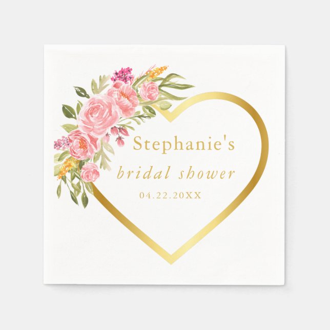 Bröllopsfest med rosa blommor i hjärta pappersservett (Framsidan)