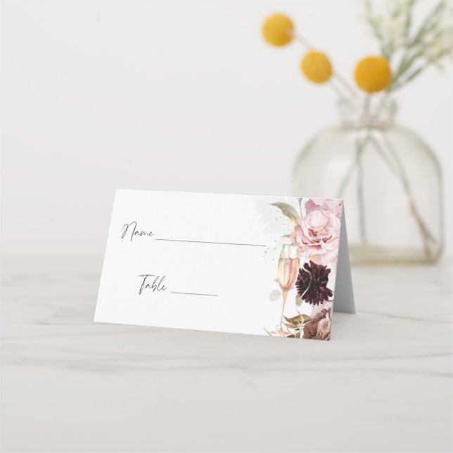 Bröllopsfest med rosa blomster och champagne sittp placeringskort (Framsida)