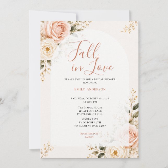 Bröllopsfest med Rosa Blush Blommor - Fall in Love Inbjudningar (Framsida)