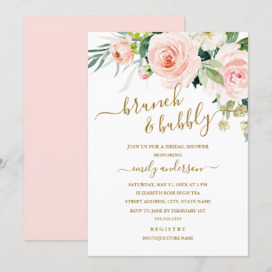 Bröllopsfest med rosenskär floral brunch och bubbe inbjudningar