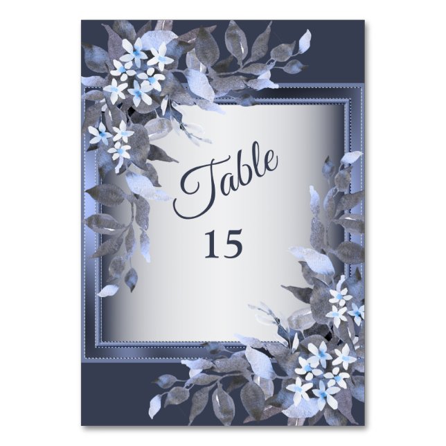 Bröllopsfest Navy Blue Blommigt Silver Grått Bordsnummer (Framsidan)