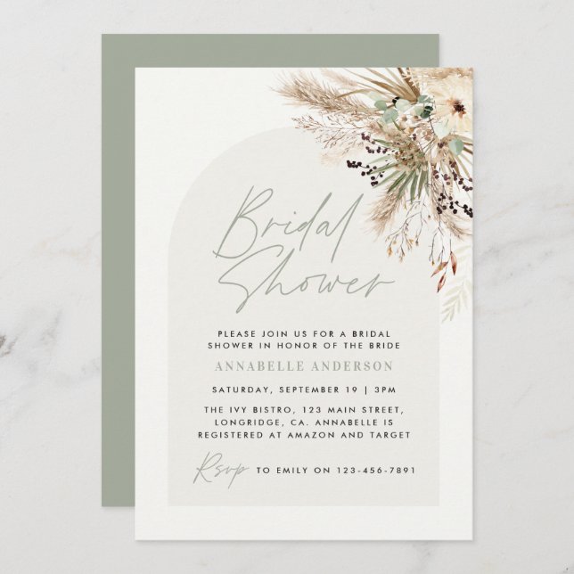 Bröllopsfest pampas eukalyptus modern sagogrön inbjudningar (Fram/baksida)